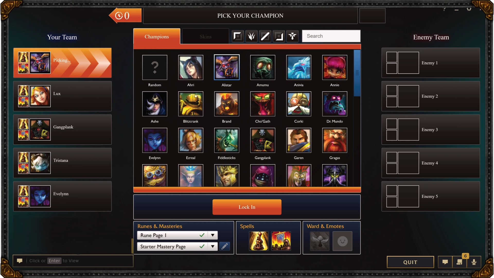 Official LoL Classic champion-select UI with classic champion portraits, rune and mastery selectors