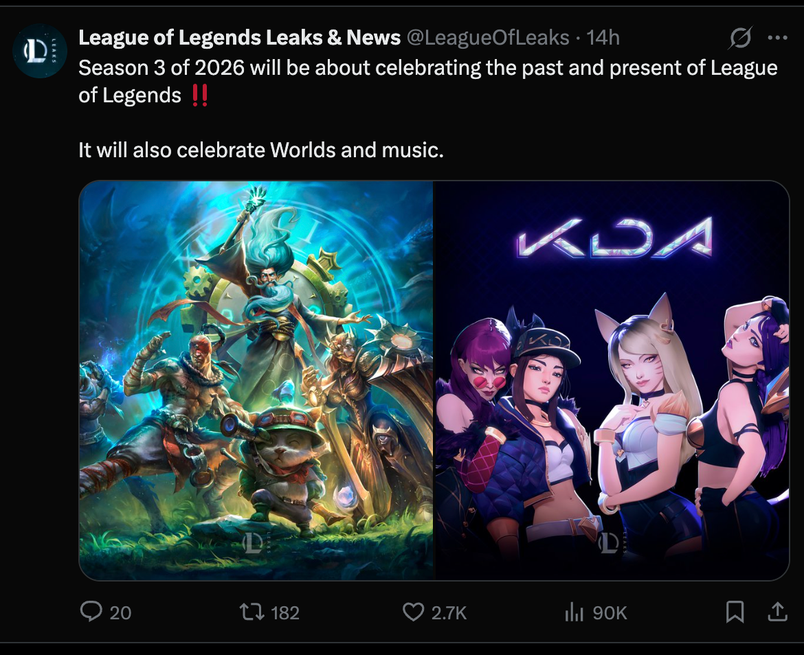 League of Legends Leaks and News post saying 2026 Season 3 will celebrate League's past, present, Worlds and music