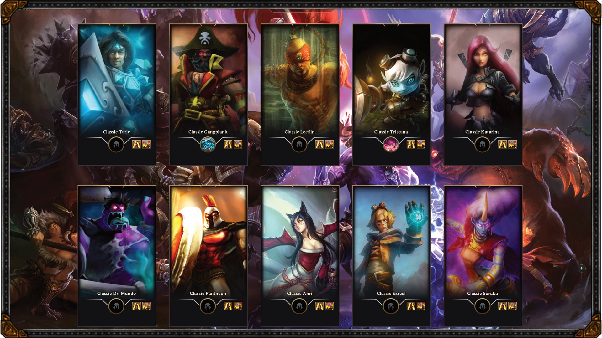 Official LoL Classic loading screen with ten classic champion splash cards