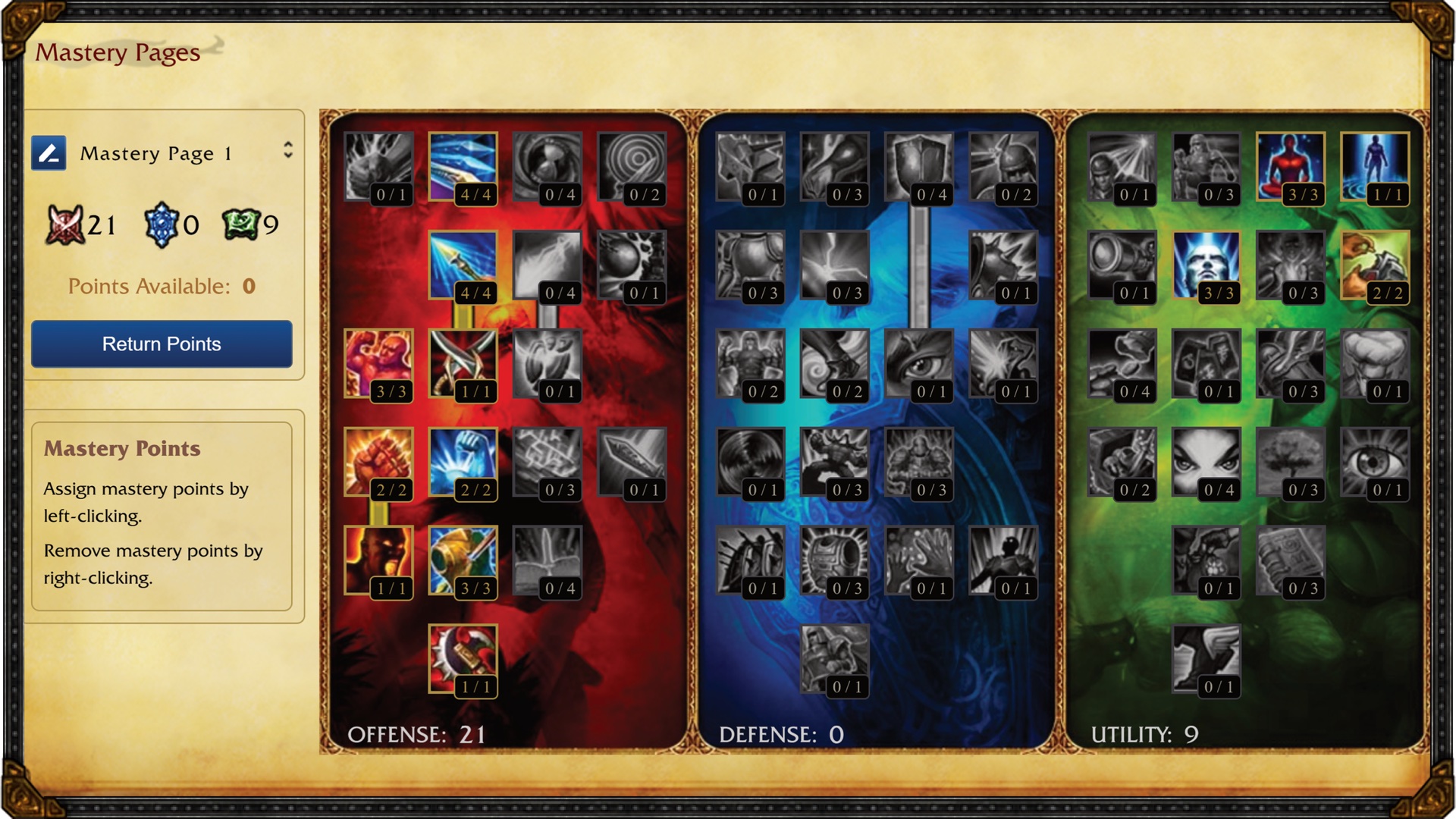 Official LoL Classic mastery page with Offense, Defense and Utility trees