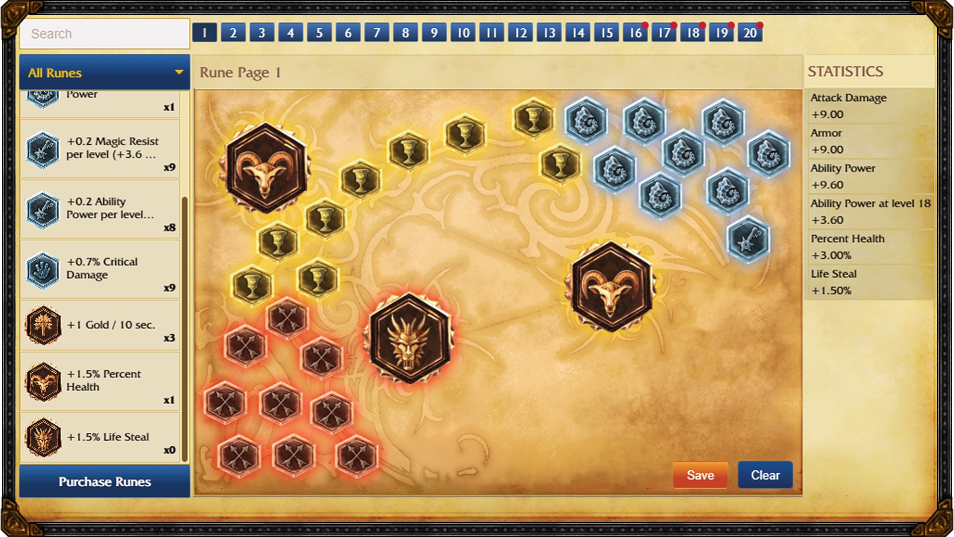 Official LoL Classic rune page UI with marks, seals, glyphs and quintessences